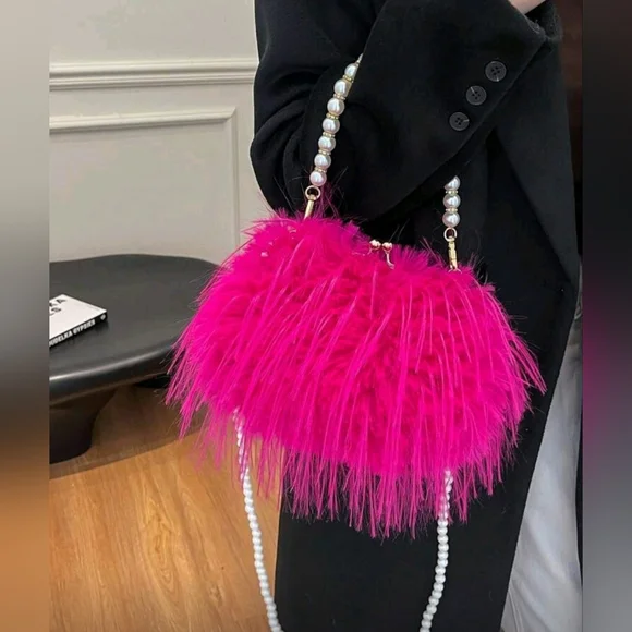 NWT Hot Pink Super Fluffy Faux Fur Double Pearl Chain Cross Body Clutch Handbag - Picture 4 of 11